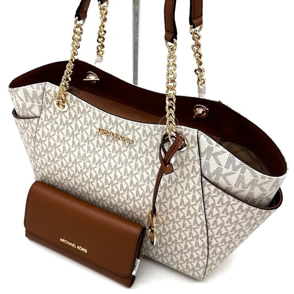 Michael Kors Large Jet Set Travel Chain Shoulder Bag & LG Trifold Wallet Vanilla - Picture 11 of 14